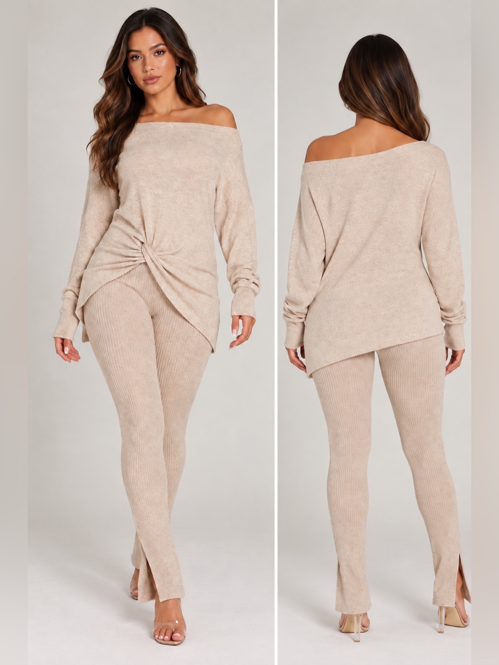 Fashion Nova Tara Twist Front Pant Set Oatmeal Size L 2 Piece Ribbed Leggings